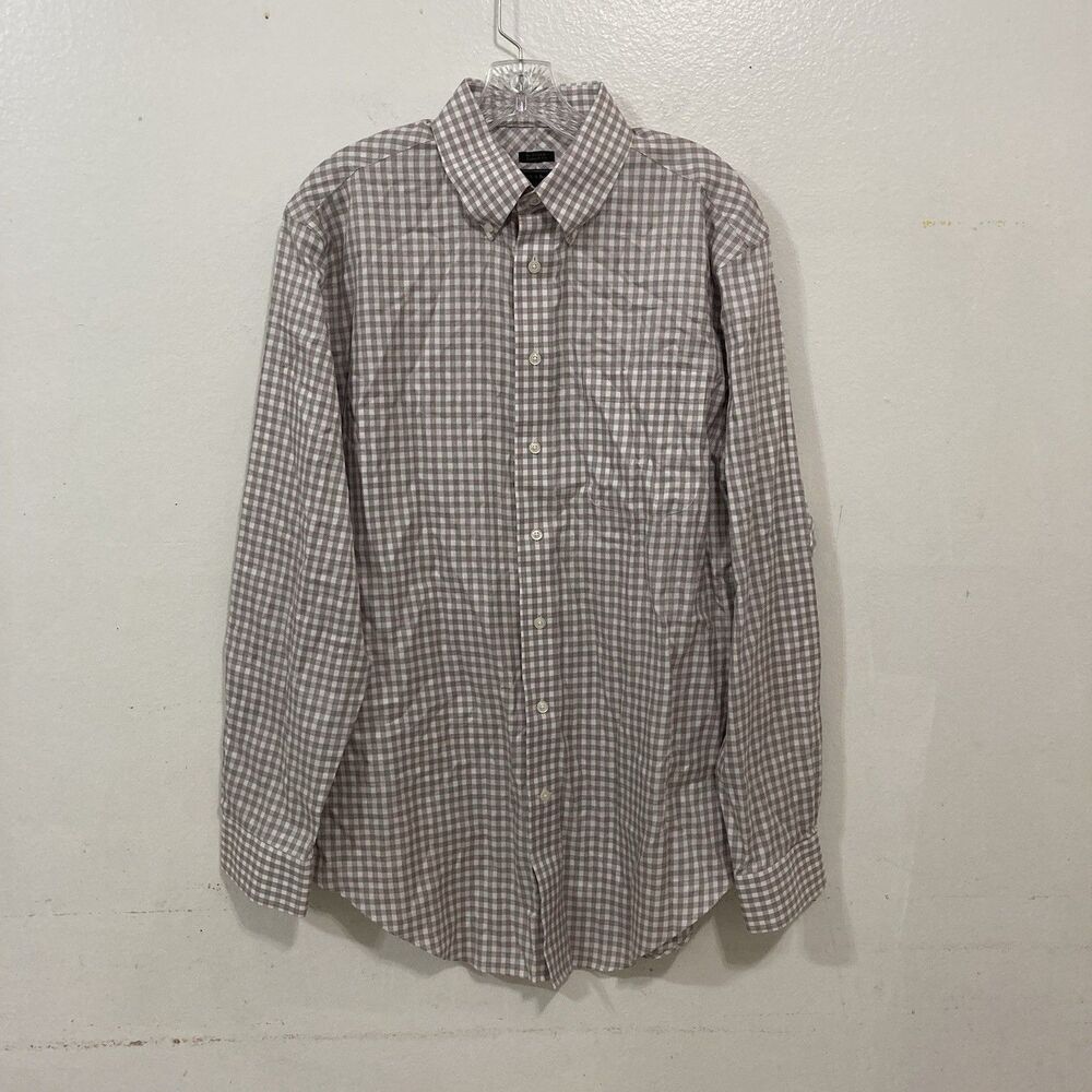 JOS A. BANK RESERVE white tan gray plaid egyptian cotton button down shirt 16-35